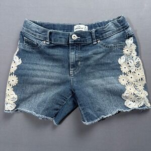 Jordache Girls Denim Shorts Size‎ 14 Blue Wash Floral Lace Frayed Hem Casual